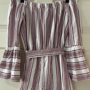 Woman’s white and burgundy striped off the shoulder romper size medium